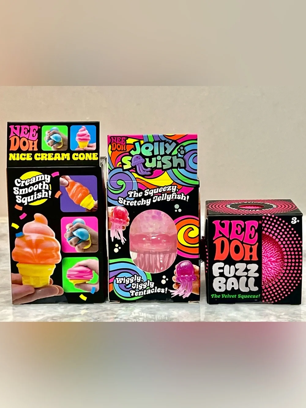 NeeDoh PINK Bundle Set of 3! Jelly Squish, Nice Cream Cone & Fuzz Ball